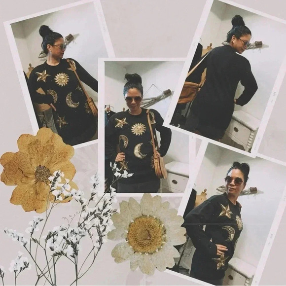 Vintage Celestial Black Gold Sun Solar Universe Retro Batwing Knit Sweater - Picture 5 of 6